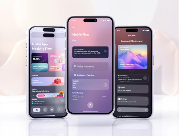 A series of phone mockups showcasing different screens of a mobile app, arranged in a user flow diagram. The background is a clean, modern office environment. Use a story ai generator to create a product description to go along with the visuals.