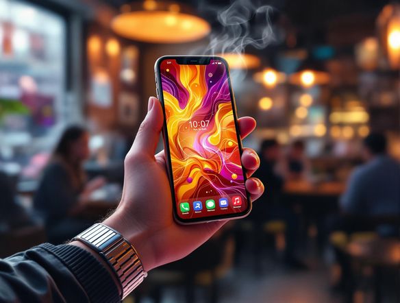 A close-up shot of a hand holding a phone, displaying a vibrant mobile app interface. The background is a bustling cafe scene. Use a story generator ai to create the background story.