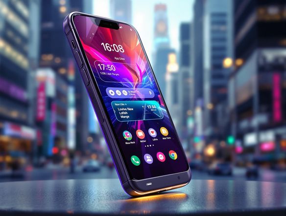 A sleek, modern smartphone displaying a vibrant, user-friendly app interface, set against a blurred, dynamic urban background.