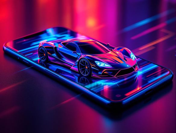 An eye-catching Instagram ad featuring a sleek sports car logo, displayed on a modern smartphone screen, dynamic lighting, vibrant colors.