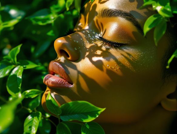 A vibrant Instagram ad showcasing a new line of organic skincare products. The ad features a close-up of radiant skin, lush green foliage, and a clean, minimalist design. Soft, natural lighting. High resolution.