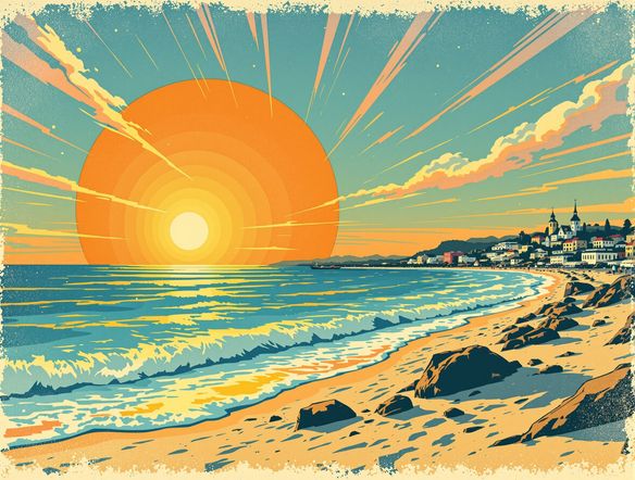 A vibrant vintage travel poster with a faded, textured look, advertising a seaside town, detailed illustration, 1960s aesthetic, retro typography.