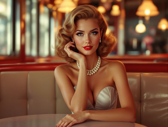 A glamorous portrait of a woman in 1950s style art, wearing a classic dress and pearls, soft lighting, vintage diner background, nostalgic atmosphere.