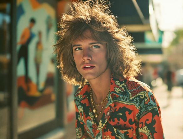 A vibrant, stylized portrait of a person in 1970s fashion, captured with an old-fashioned photo effect, evoking a strong sense of nostalgia.