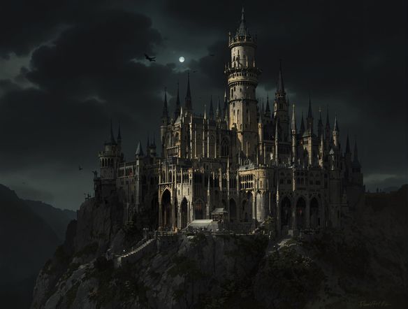 A sprawling gothic castle perched on a cliffside, detailed architectural drawing, dramatic lighting, intricate stonework, flying buttresses, high spires, dark sky, concept art.