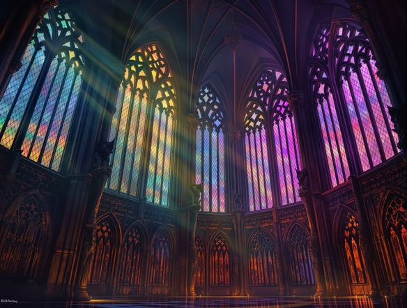 An imposing gothic cathedral interior, stained glass windows casting eerie light, vaulted ceilings, stone gargoyles, dramatic shadows, dark fantasy architecture, atmospheric perspective, digital painting.