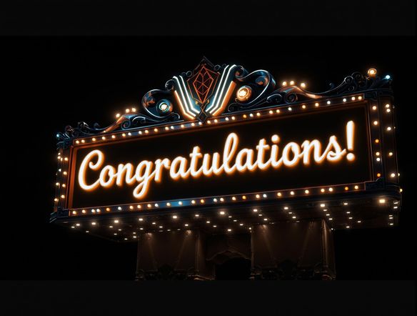 A beautifully designed greeting card featuring a 3D marquee sign with glowing lights spelling out 'Congratulations!' Showcase the diverse sign font options available in the sign font generator. Hyperrealistic rendering.