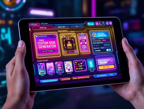 A vibrant, digital interface showcasing a card generator app on a tablet, displaying various card templates and customization options. Include a custom sign generator interface element. Showcase the free sign generator option.