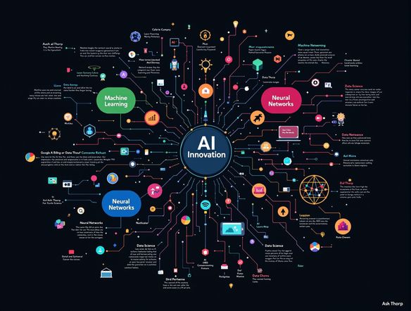 A vibrant concept map displaying 'AI Innovation' at the center, branching out to 'Machine Learning,' 'Neural Networks,' and 'Data Science,' rendered in a clean, modern style with interconnected lines and nodes.