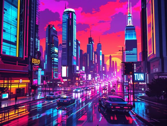 A vibrant synthwave cityscape at sunset, neon lights reflecting on wet streets, futuristic vehicles, towering skyscrapers, retro-futuristic aesthetic.