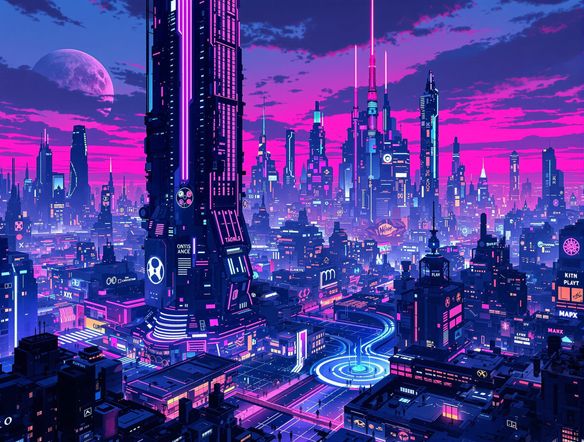 A sprawling retro-futuristic cityscape at dusk, dominated by towering neon-lit skyscrapers and glowing grid patterns on the streets below. Vibrant magenta and cyan lights illuminate the scene, creating a dreamlike atmosphere. Digital art style.