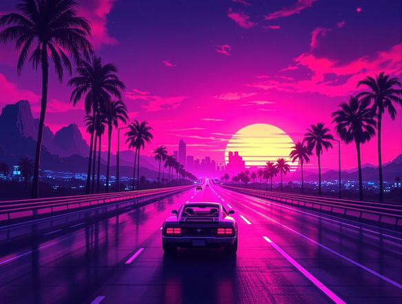 A breathtaking synthwave city background featuring a highway stretching towards a distant neon sunset. Silhouette palm trees line the road, and a classic 80s sports car drives into the horizon. Emphasize the distinct 80s aesthetic art with vibrant pinks and purples.