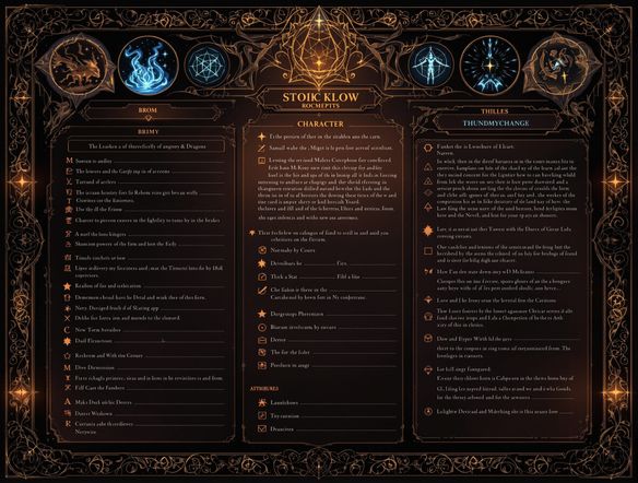 A stylized Dungeons & Dragons character sheet with intricate fantasy art, magical symbols, and detailed character stats, illuminated by ethereal light.