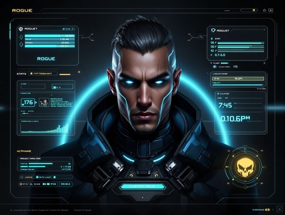 A detailed digital character sheet art with a stylized portrait of a sci-fi rogue, futuristic UI elements, and holographic stat blocks. Customizable character template generator.