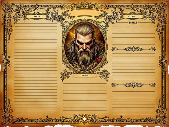 A visually stunning, ornate RPG character sheet with a hand-drawn fantasy warrior portrait, intricate borders, and thematic icons. RPG character design tool, TTRPG character sheet maker.