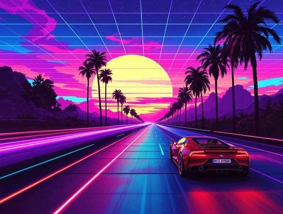 A vibrant synthwave landscape at sunset, with a lone sports car on a highway, palm trees silhouetted, neon grid lines, 80s aesthetic art, retro wave style.