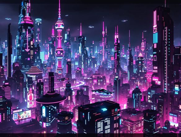 A sprawling futuristic cityscape at night, illuminated by vibrant neon signs and glowing pink and blue lights, flying cars, 80s synthwave aesthetic, futuristic retro design.
