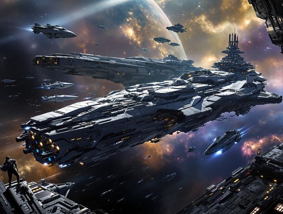 A diverse fleet of sci-fi spaceships: a sleek fighter, a bulky freighter, and a massive capital ship, docked at a futuristic space station, cinematic lighting, epic scale, digital art.