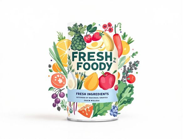 A vibrant, modern food label design showcasing nutritional information with a clean, appealing layout, featuring fresh ingredients and a clear product name.