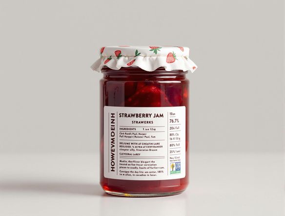 A clean and modern food label design featuring a list of ingredients and nutritional information for a jar of homemade strawberry jam. Focus on readability and visual appeal.