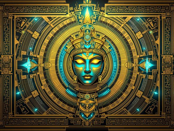 A stylized, digital Aztec mural with geometric patterns and mythical figures, incorporating vibrant cyan and gold colors, a modern interpretation of ancient wall art.