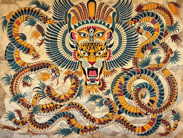 A vibrant, detailed Aztec fresco mural depicting a jaguar deity and feathered serpents, rendered in a classic Mesoamerican style with earthy pigments on stone, intricate patterns.
