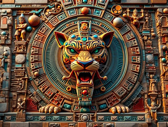 A vibrant, intricate Aztec mural depicting a jaguar god and celestial bodies, rendered in a classic stone carving style with bold, earthy colors.