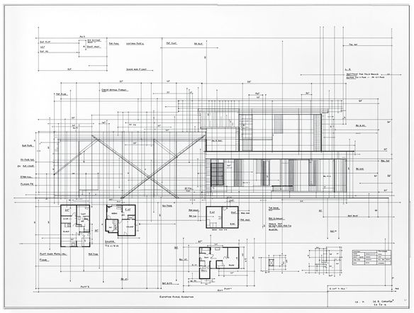 A detailed architectural blueprint of a modern house, featuring clean lines and precise annotations, rendered in a classic technical drawing style.