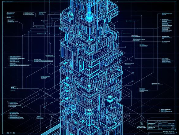 An intricate engineering drawing of a futuristic skyscraper's internal structure, showcasing complex mechanical systems, presented as digital blueprint art.