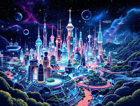 A futuristic blueprint illustration of a sustainable city, with glowing lines and architectural details, set against a dark, starry background.