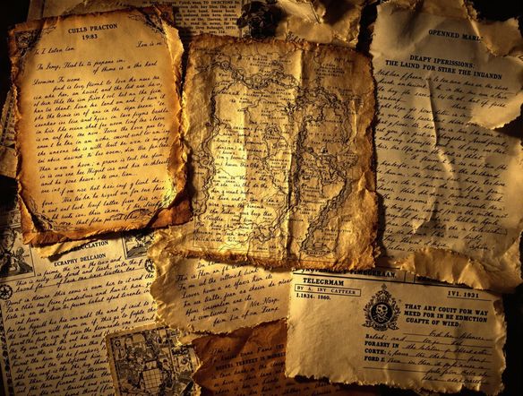 A stack of vintage letters from various eras, including a tattered pirate map, a love letter from the 1800s, and a telegram from WWII. Each letter should have a distinct style and level of wear. Dramatic lighting to highlight the diversity.