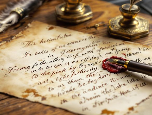A close-up of an antique letter with faded ink on parchment paper, sealed with wax, resting on a vintage wooden desk with a quill and inkwell.