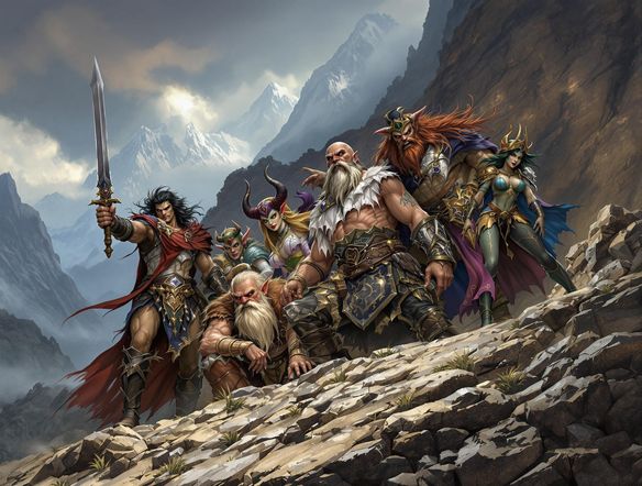 A diverse party of fantasy characters in an epic pose, showcasing a range of classes and races, dynamic lighting, high fantasy art style.