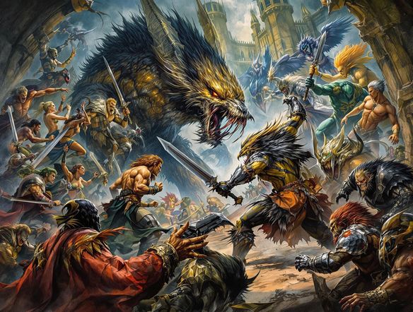 A vibrant illustration of a group of diverse fantasy characters facing off, showcasing different races and classes, head to head ranking generator, tier generator, epic scene, detailed background, high fantasy, art by Brom and Frank Frazetta.