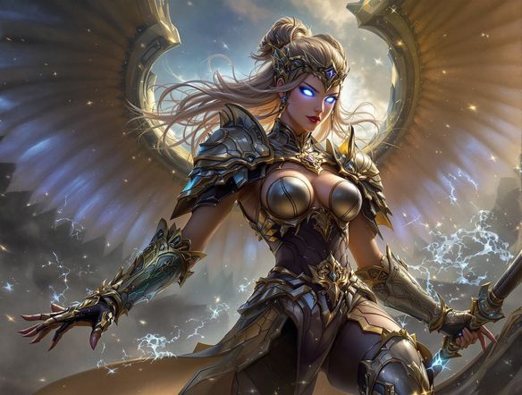 A digital painting of a powerful female warrior with glowing eyes, intricate armor, dynamic pose, fantasy setting, use rank generator, ranking system generator, high resolution, dramatic lighting, art by Greg Rutkowski and Alphonse Mucha.