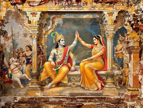 A majestic fresco of the Ramayana epic, painted in a sacred temple art AI style, featuring Rama and Sita, vibrant colors, detailed figures, ancient temple wall texture, divine aura.