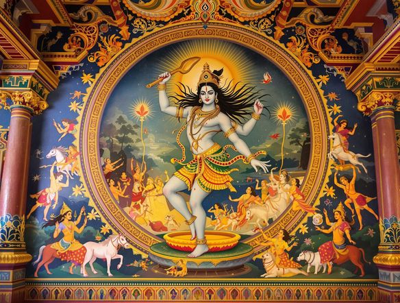 A vibrant South Indian temple mural painting AI, depicting Lord Shiva in a dynamic dance pose, intricate details, traditional motifs, rich color palette, fresco style on a temple wall.