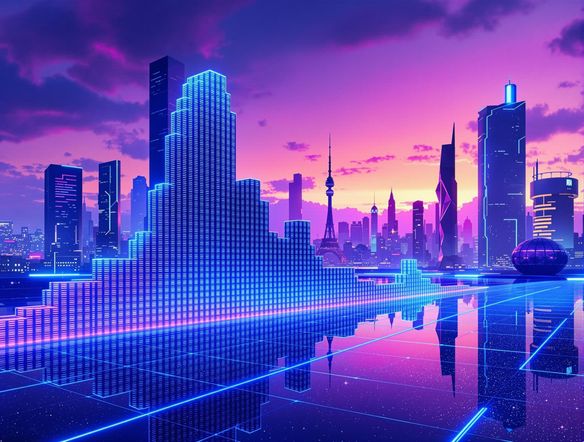 A vibrant histogram showcasing frequency distribution, overlaid with a subtle, futuristic cityscape. Use a color palette of blues and purples. The visual style should be modern and clean, suitable for an ai photo background generator.