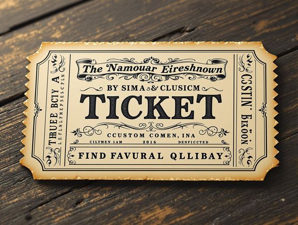 Close-up of a vintage ticket with intricate, custom design elements, showcasing a classic typewriter font, with soft, diffused lighting to highlight texture and detail.