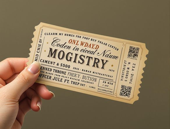 Design a modern event ticket with a classic twist. The ticket should feature a clean layout with an old typewriter font generator for the event details. Incorporate subtle graphic elements and a QR code for easy access to event information.