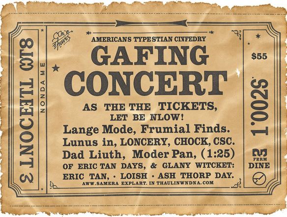 Create a close-up image of a fake vintage concert ticket. The ticket features a bold, distressed american typewriter font generator, with intricate details and realistic wear and tear. Showcase the texture of the ticket paper.