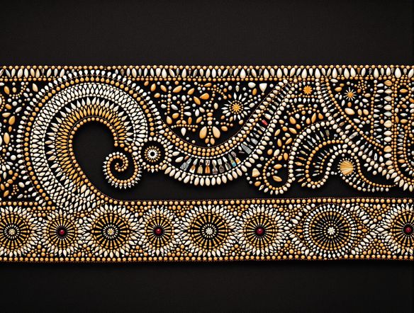 Intricate traditional wampum design, featuring geometric patterns and symbolic imagery, meticulously crafted with AI, displayed on a dark, textured background.