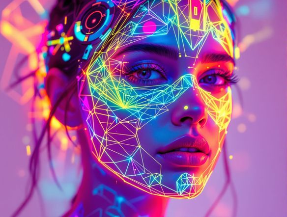 A vibrant, stylized portrait of a person wearing an intricate, glowing AR face filter, digital art, futuristic, creative.
