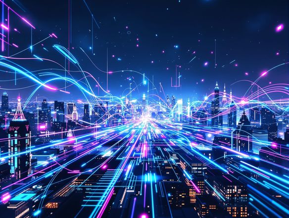 A vibrant, abstract augmented reality art piece overlaying a cityscape, showcasing dynamic lines and glowing particles, with a subtle hint of a user's phone interface.