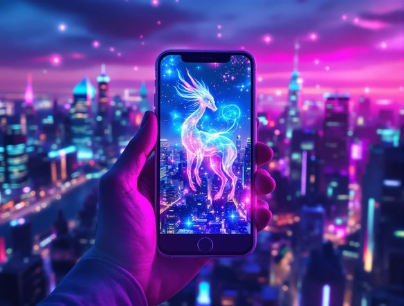 A cityscape viewed through a phone screen, displaying a fantastical digital augmented reality art overlay with glowing particles and mythical creatures, Instagram filter aesthetic.