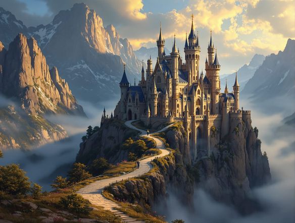 A majestic fantasy castle, inspired by medieval architecture, perched on a cliff overlooking a misty valley. Intricate stonework, towering spires, and a winding path leading to the gate. Epic fantasy art.