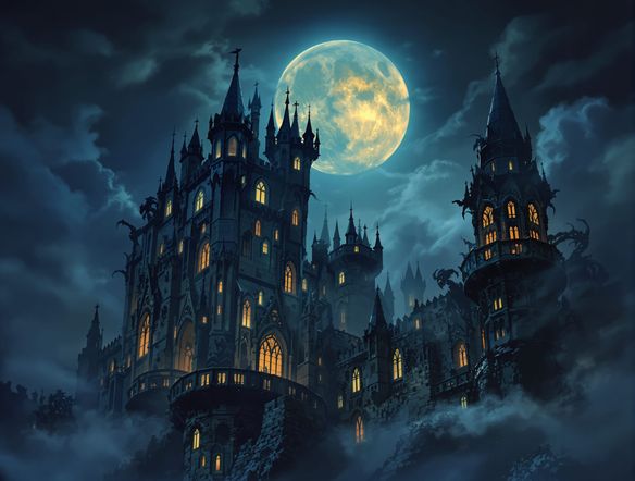 A hauntingly beautiful gothic castle art piece, shrouded in moonlight with illuminated windows. Jagged turrets, ornate gargoyles, and a sense of ancient mystery. Dark fantasy illustration style.