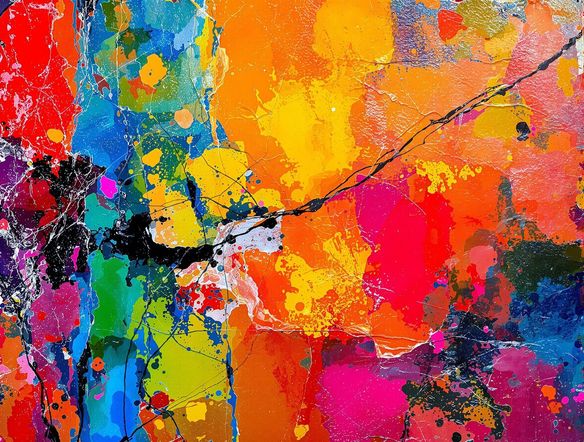 A vibrant abstract encaustic painting with visible layers of translucent colored wax, showcasing a glossy, textured surface. Hot wax painting AI style, rich impasto effect.
