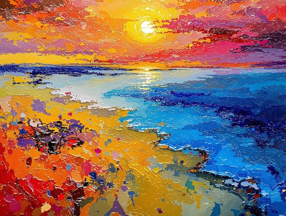 Close-up of an encaustic painting, highlighting the intricate details of embedded pigments within layers of beeswax. A landscape scene rendered in vibrant, glowing colors, emphasizing the textural quality of the artwork.