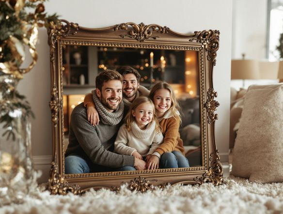 A heartwarming photograph of a family, displayed in an ornate, vintage picture frame, soft lighting, golden accents, evoking feelings of nostalgia and love.